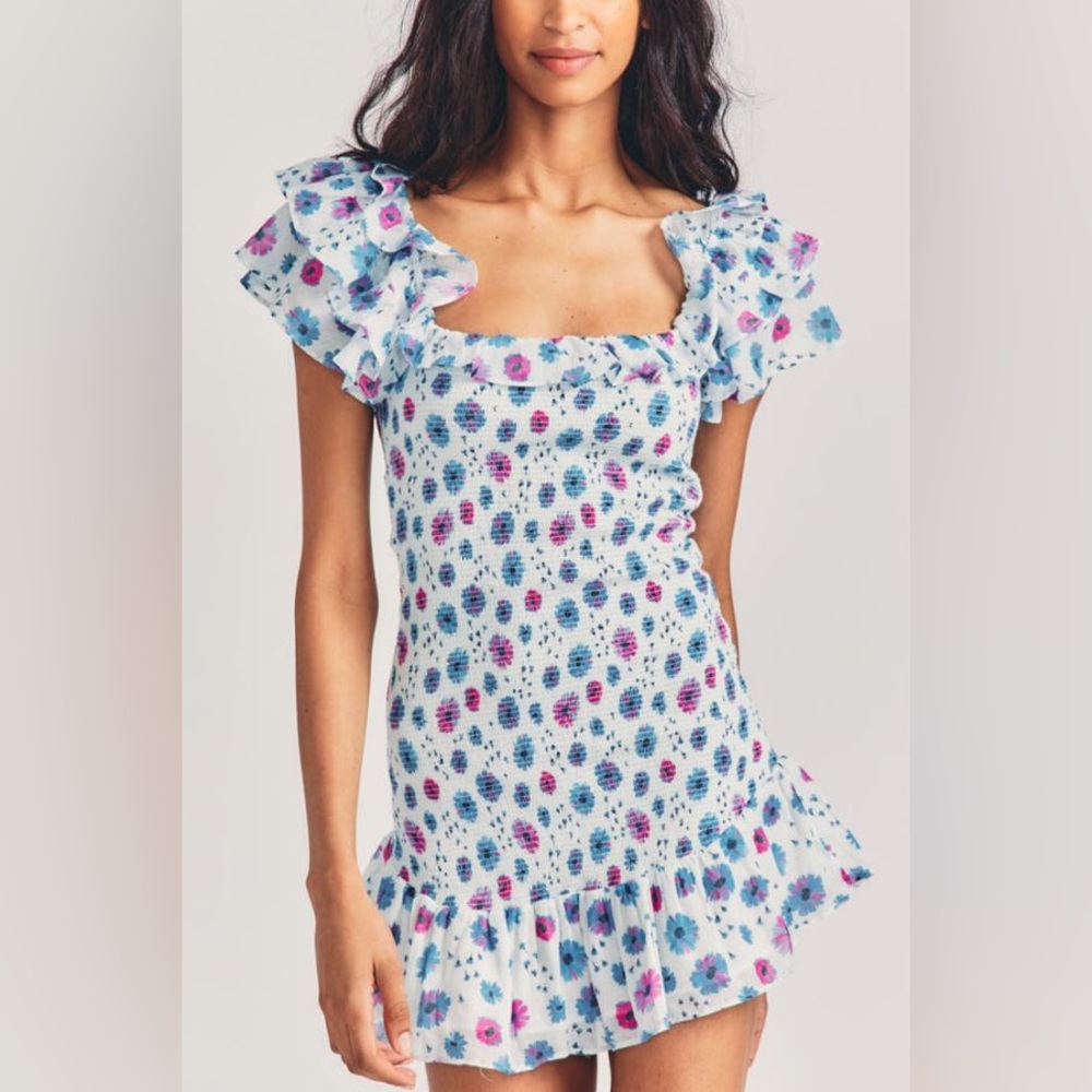 LoveShackFancy Kodie Smocked Cotton Mini Dress deep cotton candy blue Size M NWT